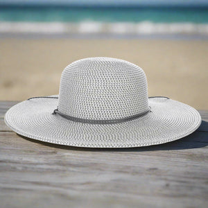 Scala Wide Brim Straw Sun Hat with Chin Strap-Light Grey