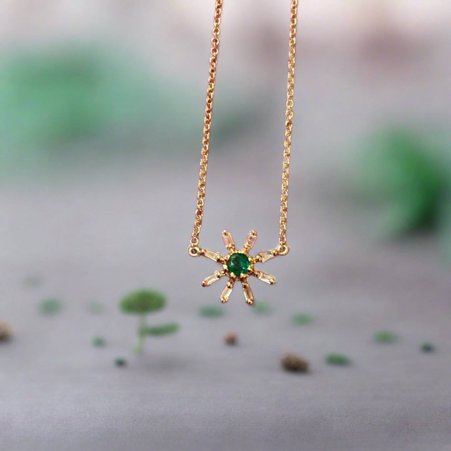 Liven Co. Sunshine Necklace with Baguette Diamonds and Emerald Center