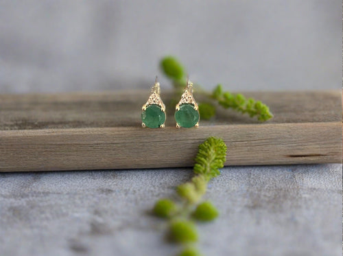 Genuine Emerald And Diamond Posts in 14k Yellow Gold
