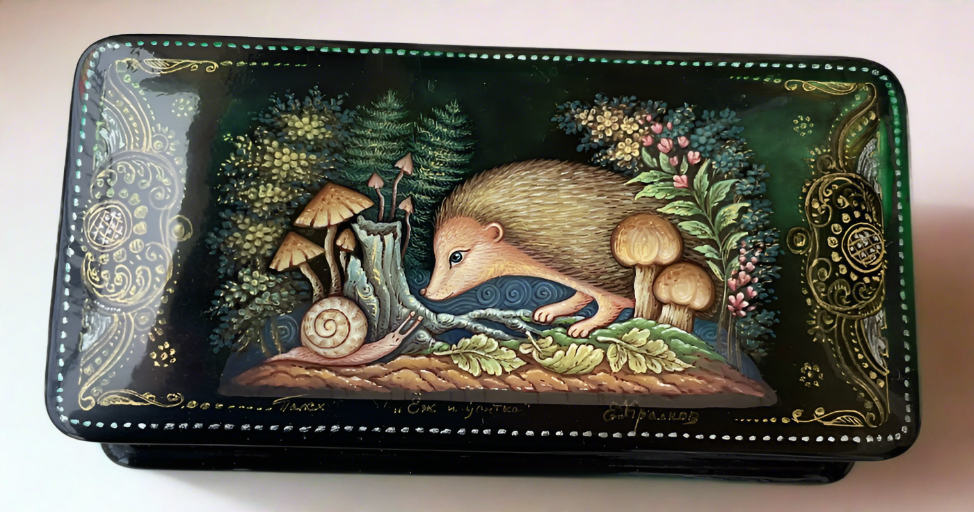 Russian Lacquer Box Rectangular Hedgehog w/Snail