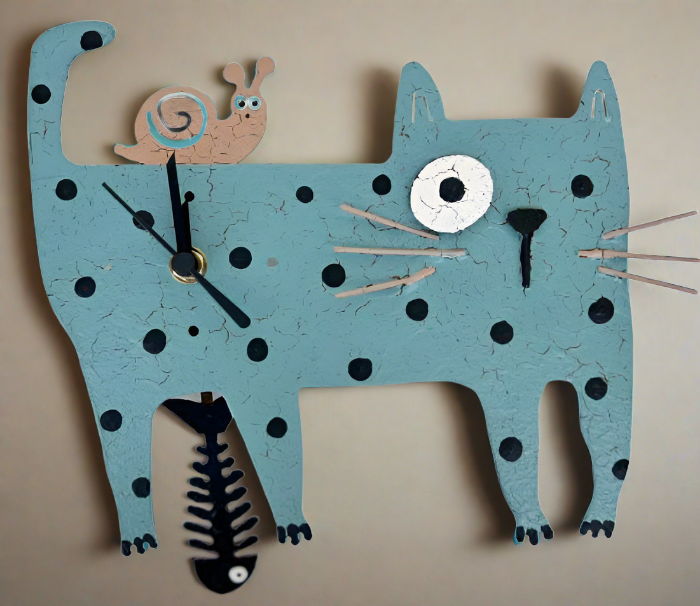 Oxidos Folk Art Cat Wall Clock-Tea