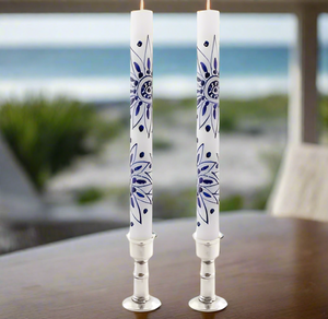 Kapula Henna Blue on White Candle: Taper 9" Pair