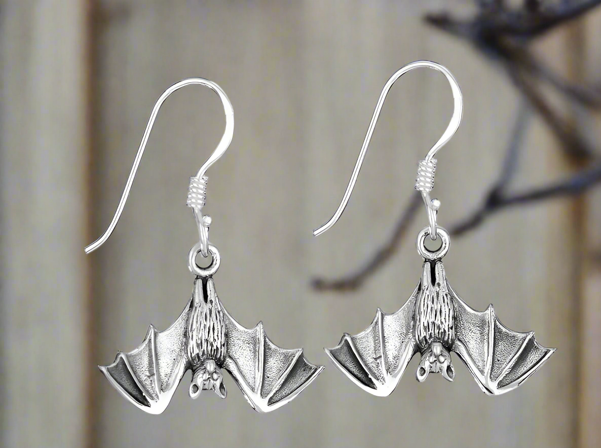 Tiger Mountain Jewelry Hanging Bat Sterling Silver Dangle Drop Earrings- E5615