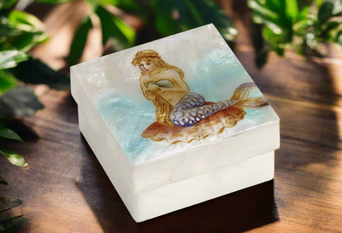 Kubla Crafts Capiz Shell Painted Trinket Box- Mermaid