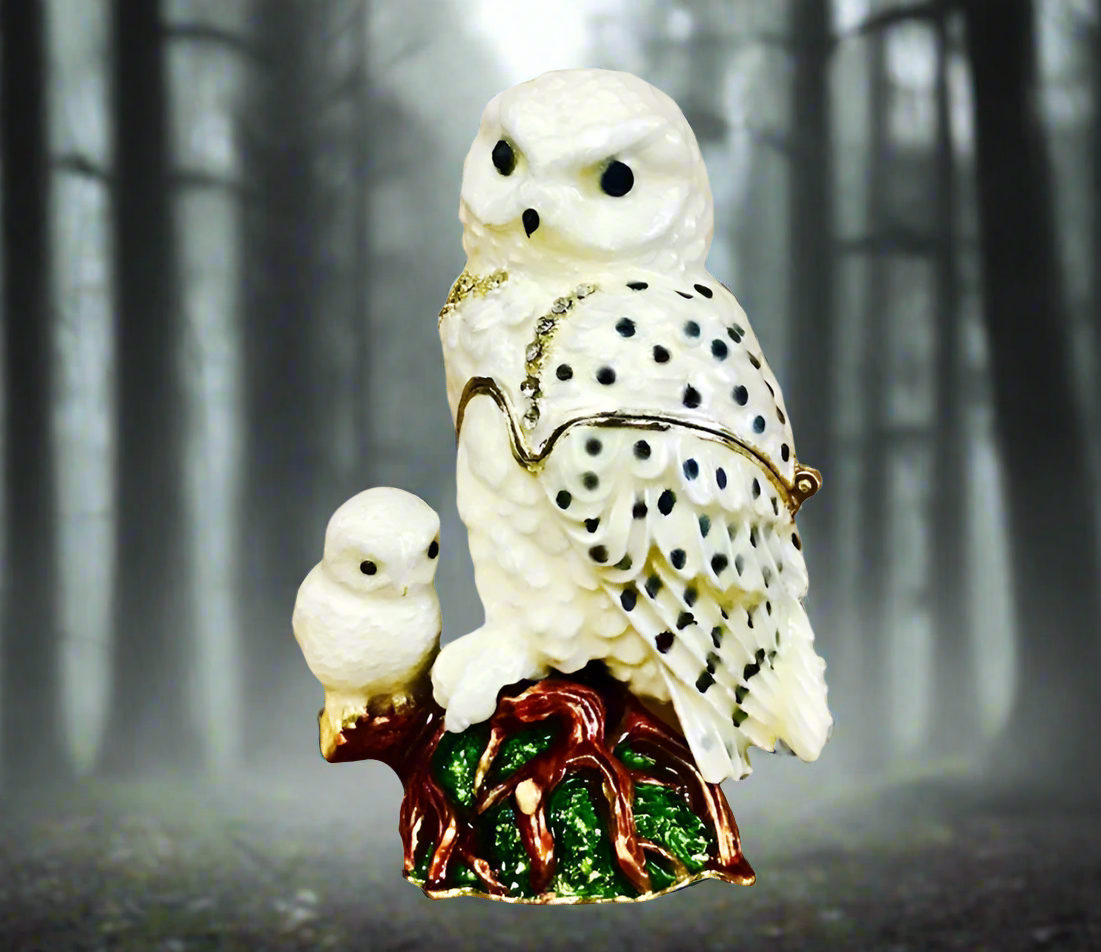Kubla Crafts White Owl & Baby Bejeweled Trinket Box