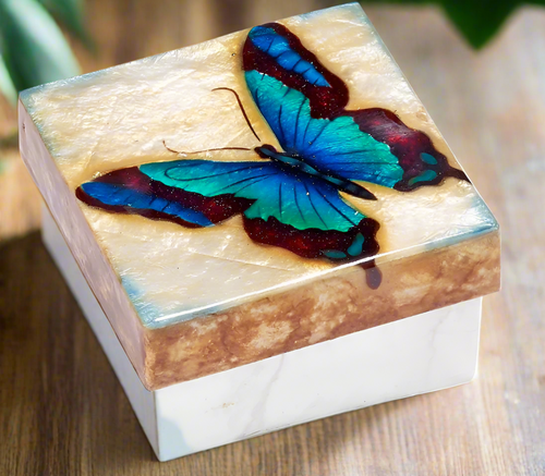 Kubla Crafts Capiz Shell Painted Trinket Box - Blue Butterfly