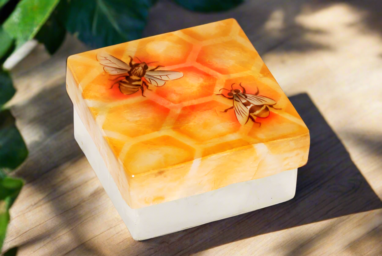 Kubla Crafts Capiz Shell Painted Trinket Box- Honey Bee
