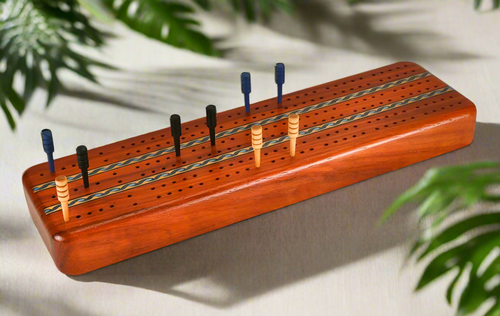 Heartwood Creations Padauk Inlay 3 Track Cribbage Board w/ Cards  GM5071-CD