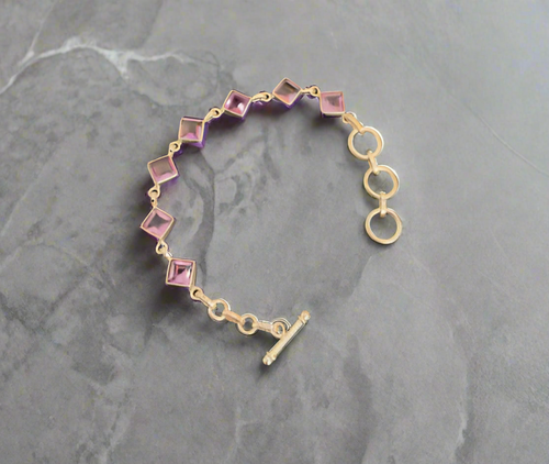 Princess Cut Amethyst Toggle Clasp Bracelet Set In Sterling Silver