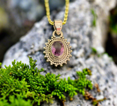 Hand Crafted Amethyst Bali Style Pendant Set In Sterling Silver