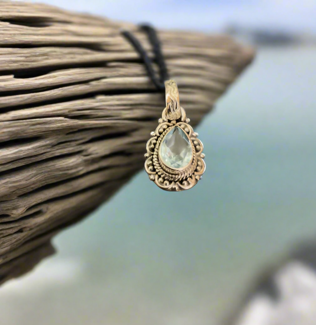 Hand Crafted Sky Blue Topaz Bali Style Pendant Set In Sterling Silver