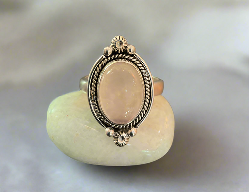 Hand Crafted Bali Style Rose Quartz Ring Set In Sterling Silver- Size 9