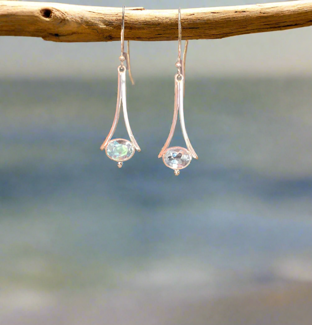 Hand Crafted Light Blue Topaz Earrings Set In Sterling Silver
