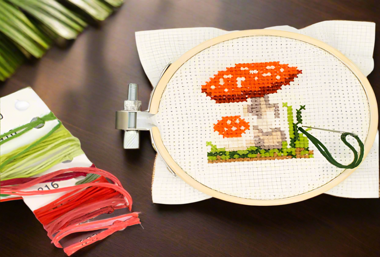 Kikkerland Mushroom Mini Cross Stitch Embroidery Kit