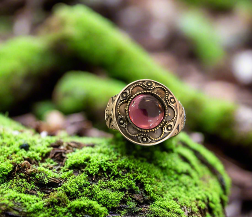 Elizabeth Ngo Antique Button Ring-Metal w/Pink Glass Center, Size 7