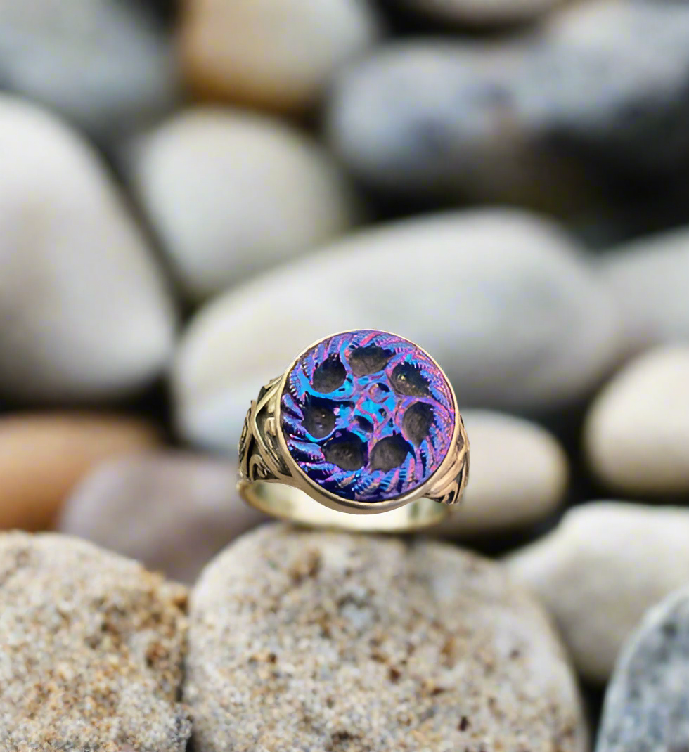 Elizabeth Ngo Antique Button Ring-Luster Glass Blue/Purple, Size 7.5