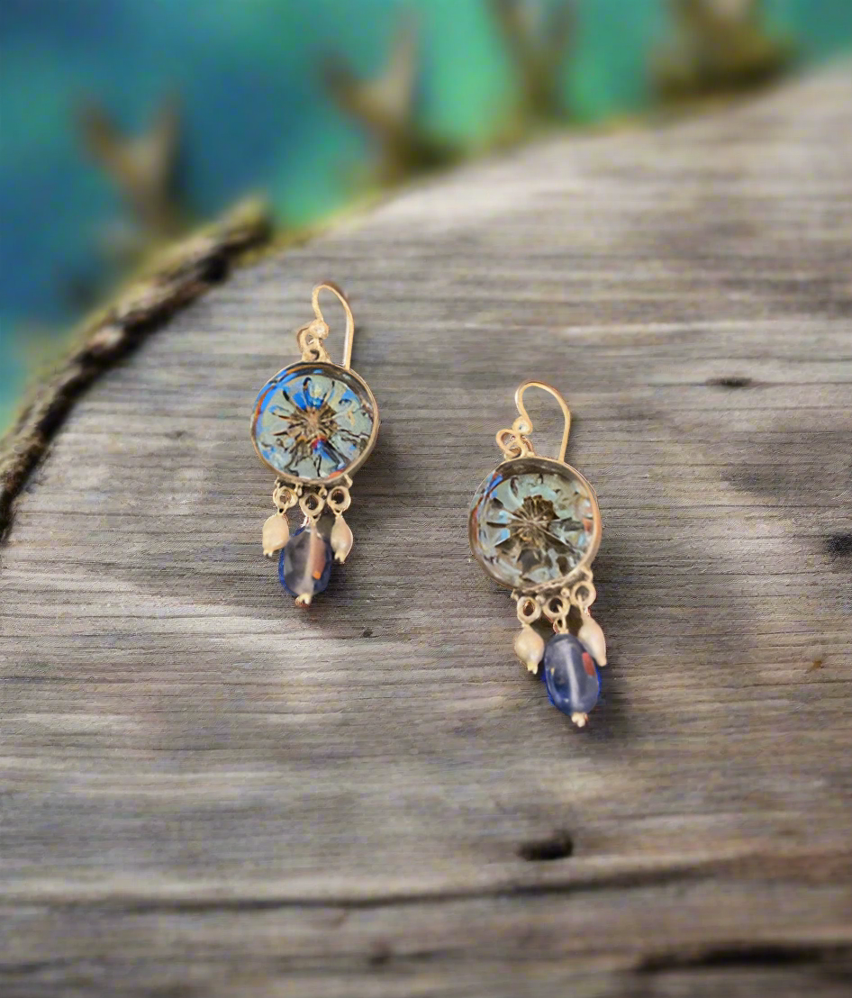 Elizabeth Ngo Antique Glass Button Earrings-Blue