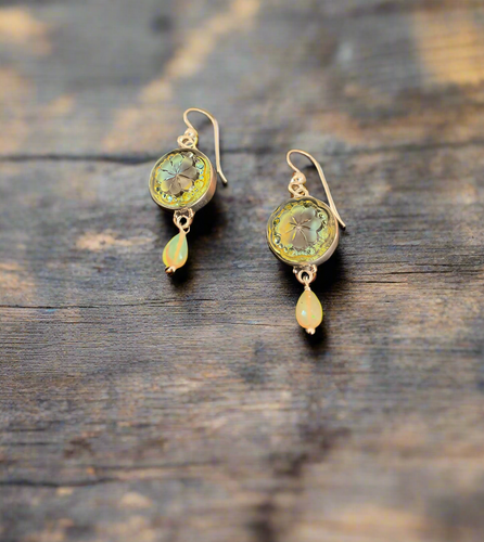 Elizbeth Ngo Antique Button Earrings-Luster Glass w/Opal Drop