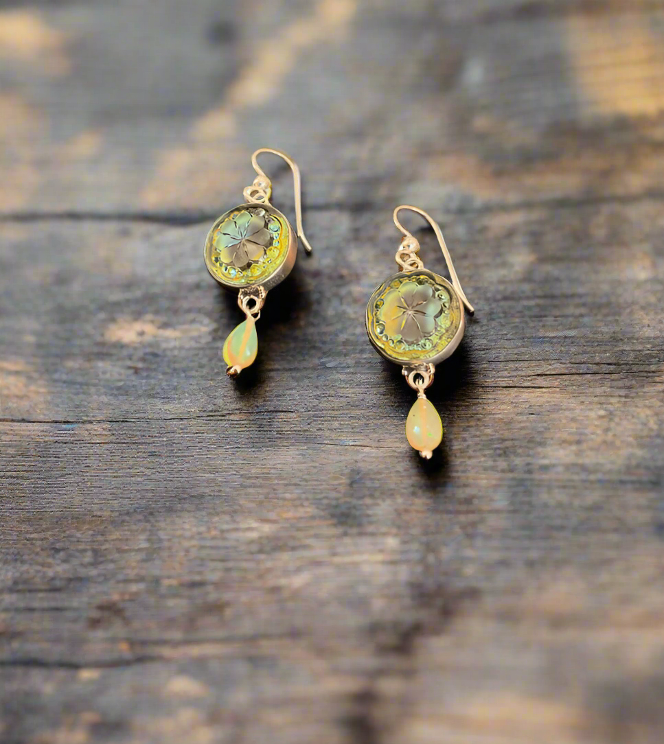 Elizbeth Ngo Antique Button Earrings-Luster Glass w/Opal Drop