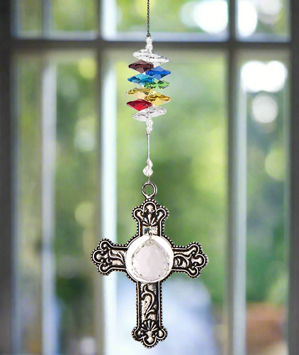 Oh My Gosh Pewter Celtic Cross with Rainbow Crystals-DP-32