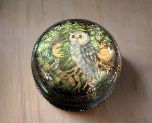 Russian Lacquer Box with an Owl in the Woods