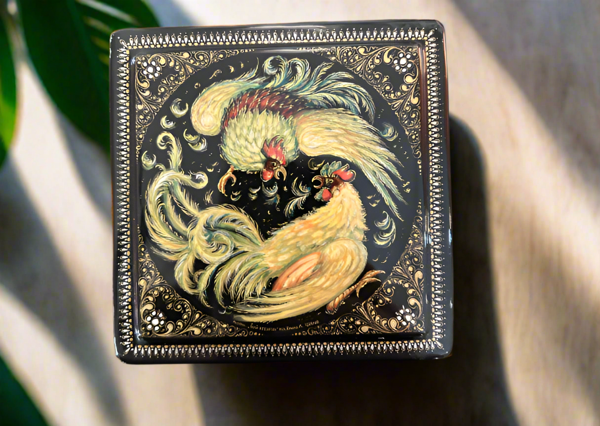 Russian Lacquer Box 2 Roosters