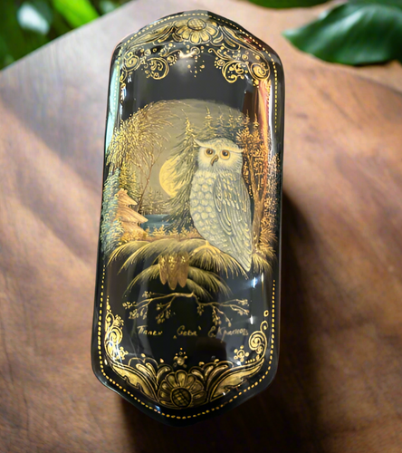 Russian Lacquer Box Owl and Moon