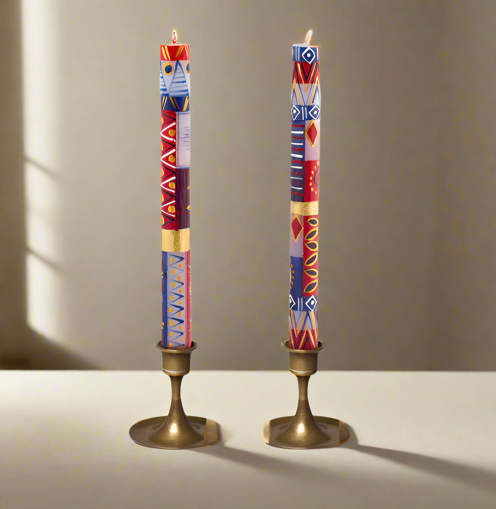 Kapula Red, White & Blue Painted Candles- Pair of 9