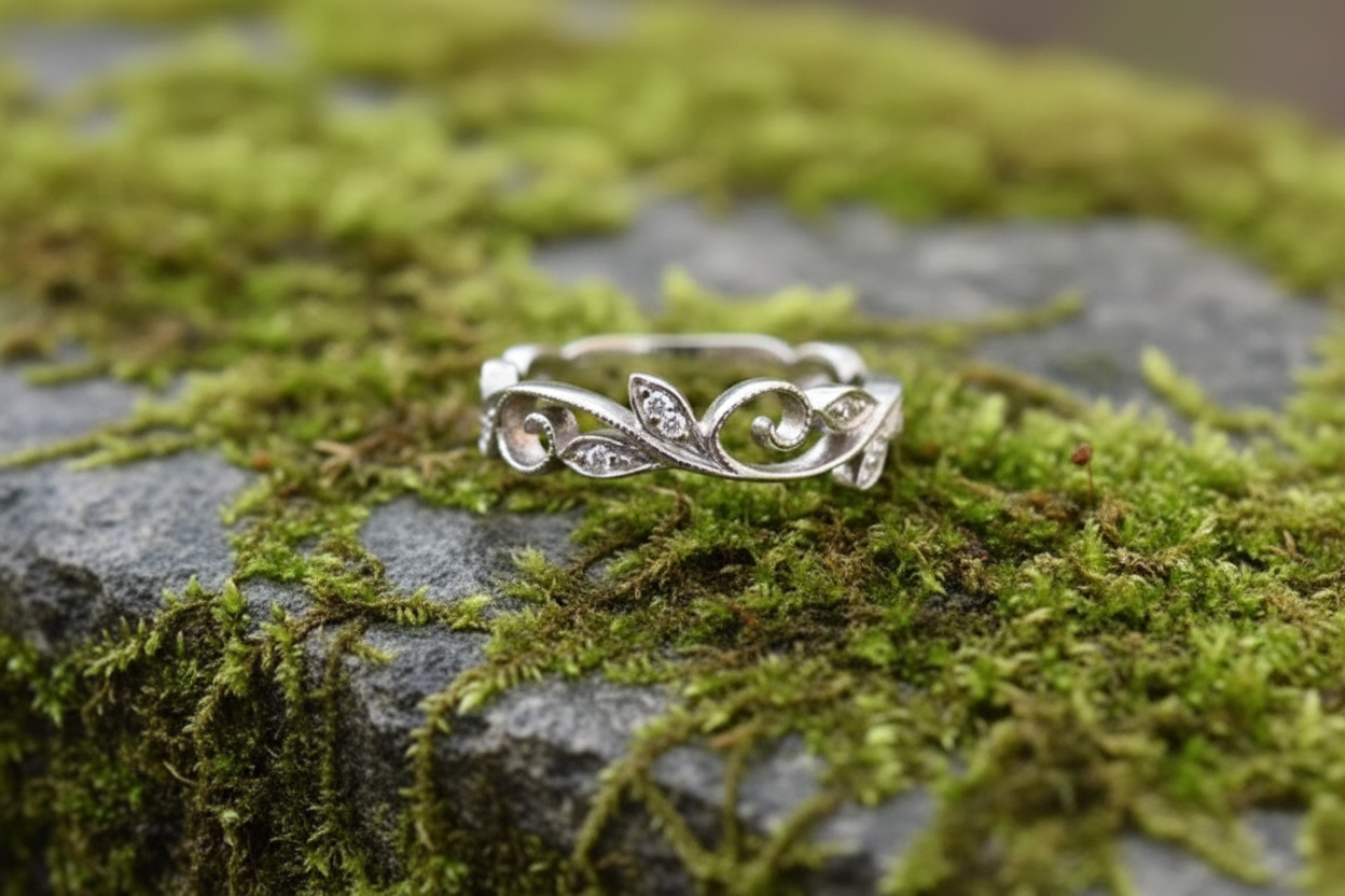 Vintage 14K White Gold And Diamond Leaf Ring- Size 6.5