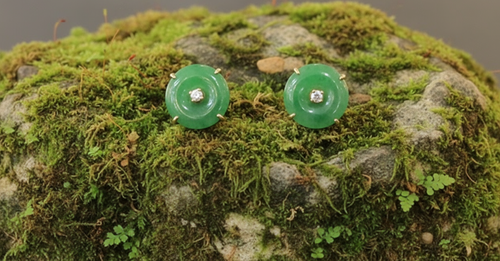 Jade and Diamond Post Earrings in 14K Yellow Gold