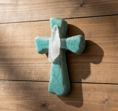 Raku Potteryworks Mini Turquoise Crackle Cross