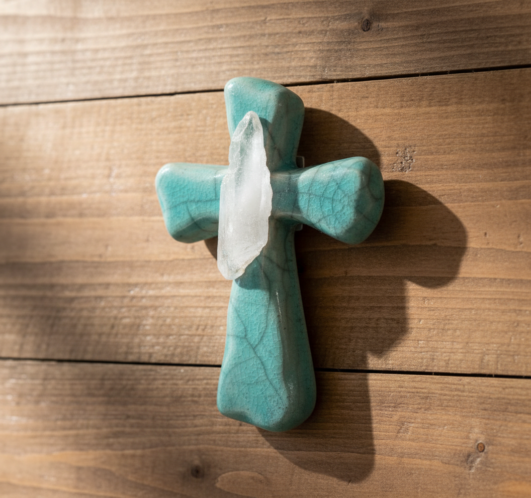 Raku Potteryworks Mini Turquoise Crackle Cross