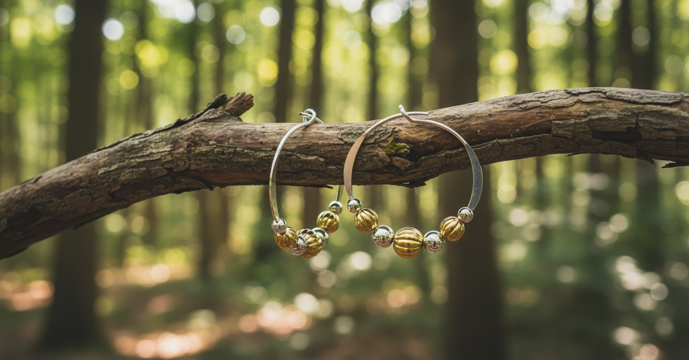 Pair of hoop earrings with gold and silver beads on a white background