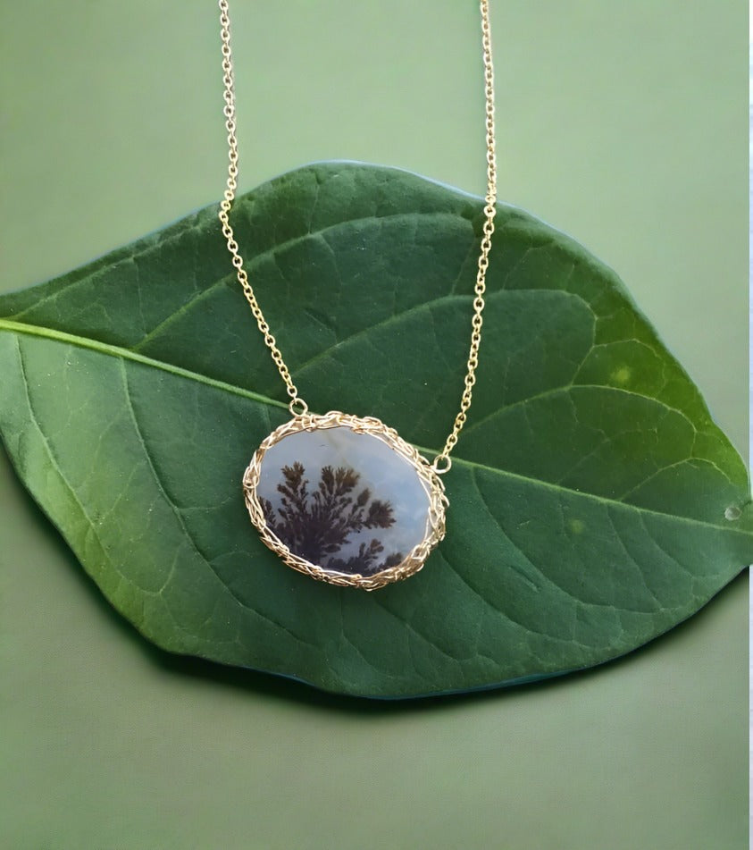 arivka dendritic agate tree necklace set in gold fill.
