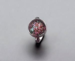 antique button ring, pink and green glass dome