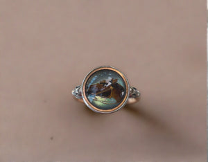 antique button ring, glass button with horse
