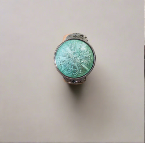 antique button ring, green enamel