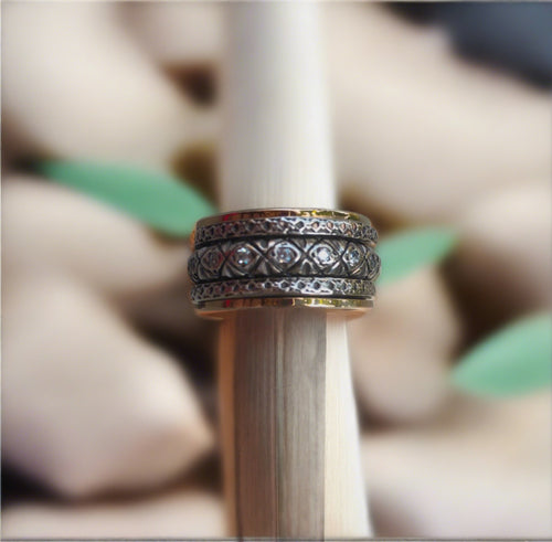 sd designs 14k gold and sterling silver 3 row spinner ring with cubic zirconia