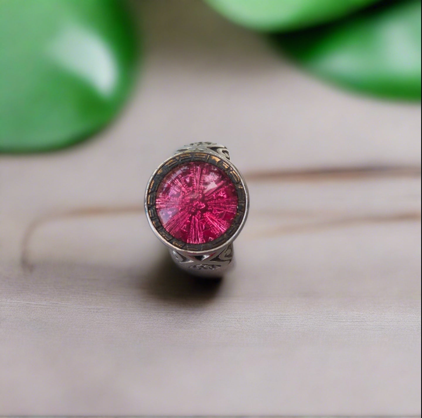 antique button ring, pink glass
