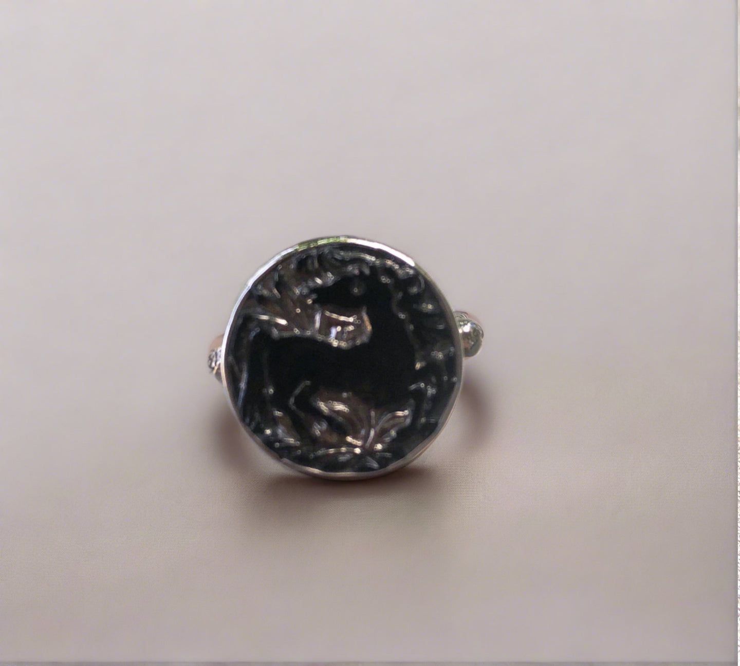 antique button ring, black horse