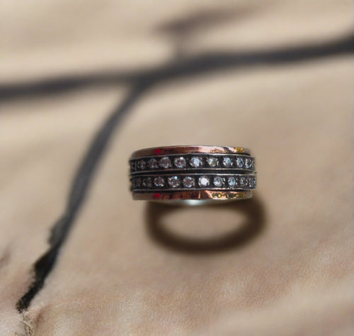 sd designs 14k rose gold and sterling silver 2 row spinner ring with cubic zirconia