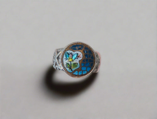 antique button ring, blue metal with flower