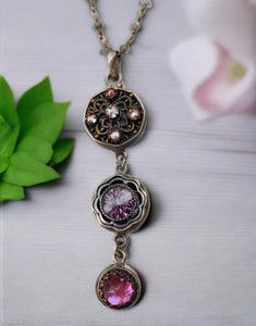 antique button necklace, 3 buttons, pink and purple tones with labradorite chain