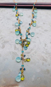 pom jewelry necklace, chaledony, blue topaz, peridot and iolite in gold fill