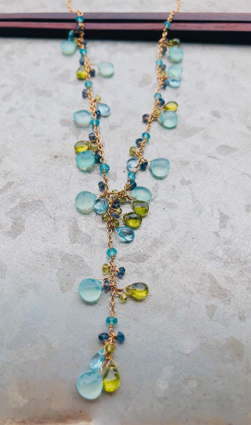 pom jewelry necklace, chaledony, blue topaz, peridot and iolite in gold fill