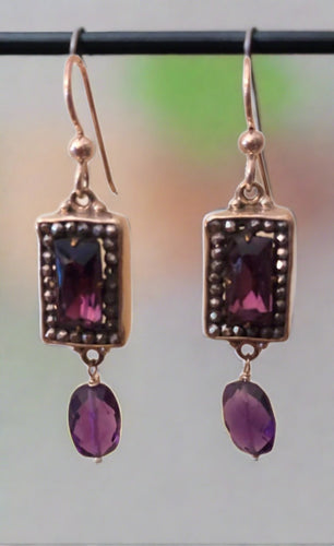 antique button earrings, purple glass with amethyst drops