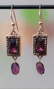 antique button earrings, purple glass with amethyst drops
