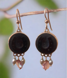 antique button earrings, black horseshoes with rose quartz and pearl drops
