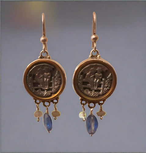 antique button earrings, children sitting on fence with kyanite and quartz drops