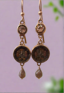 antique button earrings, pink and grey  tones with labradorite drop